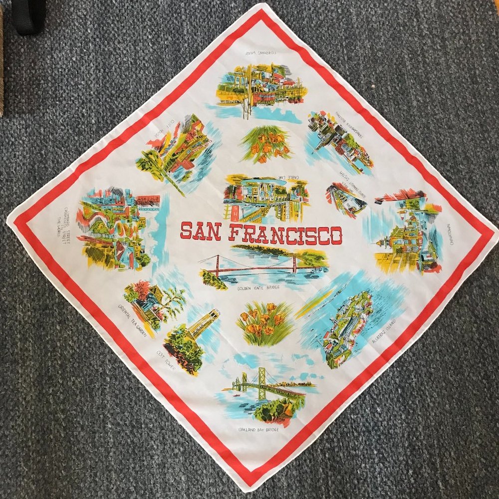 Vintage San Francisco Souvenir Scarf, Nylon, Hand Printed, 29.5" X 29.5"